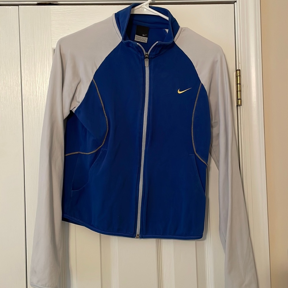 Nike zip up running jacket. Blue with gray sleeves